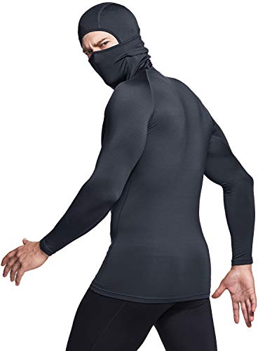 Men's Thermal Compression Shirts Hoodie with Mask, Long Sleeve Winter Sports Base Layer Top, Active Running Shirt