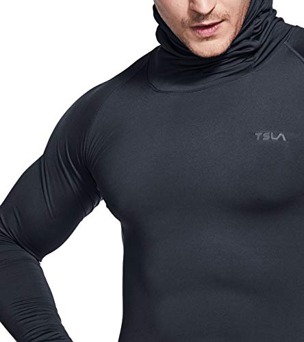 Men's Thermal Compression Shirts Hoodie with Mask, Long Sleeve Winter Sports Base Layer Top, Active Running Shirt