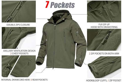 Men's Tactical Jacket 7 Pockets Performance Fleece Lined Water Resistant Ski Snow Soft Shell Winter Coats