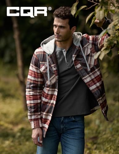 Men's Quilted Lined Flannel Hooded Shirt Jacket, Soft Warm Long Sleeve Outdoor Cotton Plaid Shirt Jackets