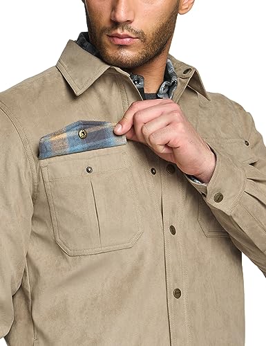 Men's Flannel Lined Shirt Jackets, Long Sleeved Rugged Plaid Cotton Brushed Suede Shirt Jacket