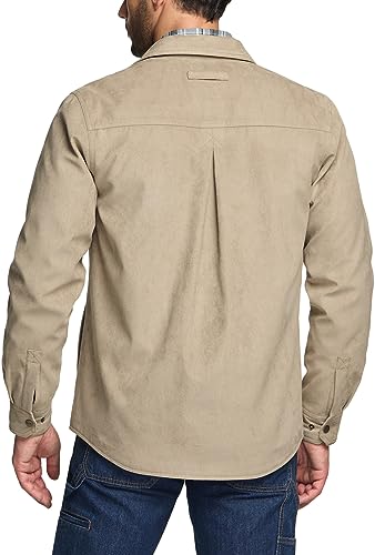 Men's Flannel Lined Shirt Jackets, Long Sleeved Rugged Plaid Cotton Brushed Suede Shirt Jacket