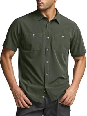 Men's Short Sleeve Tactical Shirts, UPF 50+ Ripstop Military Work Shirts, Breathable Button Down Outdoor Hiking Shirt