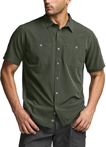 Men's Short Sleeve Tactical Shirts, UPF 50+ Ripstop Military Work Shirts, Breathable Button Down Outdoor Hiking Shirt