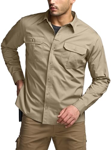 Men's Long Sleeve Tactical Shirts, Ripstop Military Work Shirts, UPF 50+ Breathable Button Down Outdoor Hiking Shirt