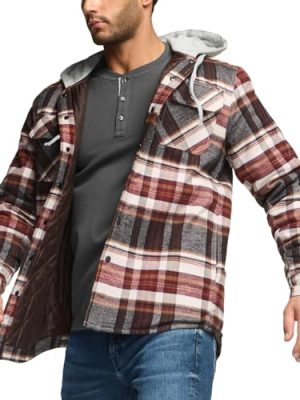 Men's Quilted Lined Flannel Hooded Shirt Jacket, Soft Warm Long Sleeve Outdoor Cotton Plaid Shirt Jackets