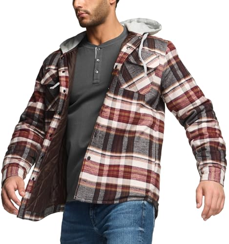 Men's Quilted Lined Flannel Hooded Shirt Jacket, Soft Warm Long Sleeve Outdoor Cotton Plaid Shirt Jackets