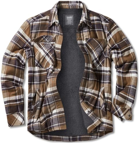 Men's Plaid Flannel Shirt Jacket, Long Sleeve Soft Warm Sherpa/Quilted Lined Jacket, Outdoor Button Up/Zip-Front Jacket