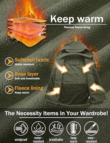 Men's Tactical Jacket 7 Pockets Performance Fleece Lined Water Resistant Ski Snow Soft Shell Winter Coats