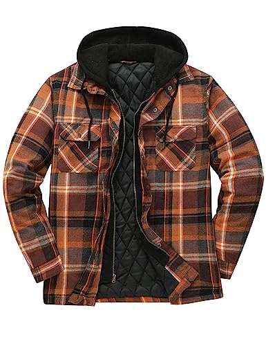 Men's Thicken Plaid Hooded Flannel Shirt Jacket with Quilted Lined,Zipper&Snap