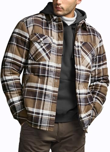 Men's Plaid Flannel Shirt Jacket, Long Sleeve Soft Warm Sherpa/Quilted Lined Jacket, Outdoor Button Up/Zip-Front Jacket