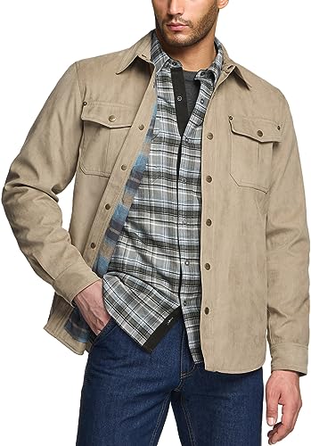 Men's Flannel Lined Shirt Jackets, Long Sleeved Rugged Plaid Cotton Brushed Suede Shirt Jacket